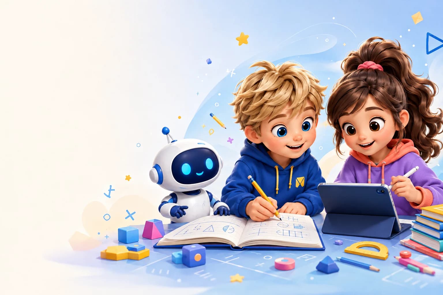 İki çocuk ve yardımcı robot matematik keşfederken